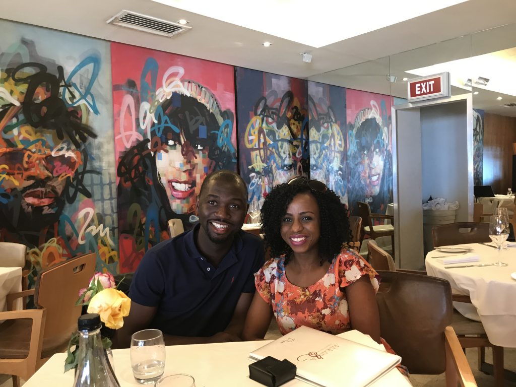 Kemi and Pelu at lunch in a restaurant 